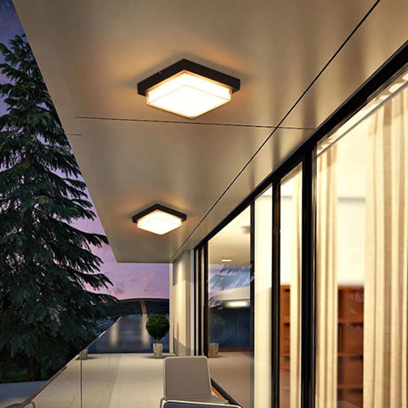 Contemporary Industrial Square Aluminum Acrylic LED Waterproof Outdoor Flush Mount Ceiling Light For Garden Cuvalon