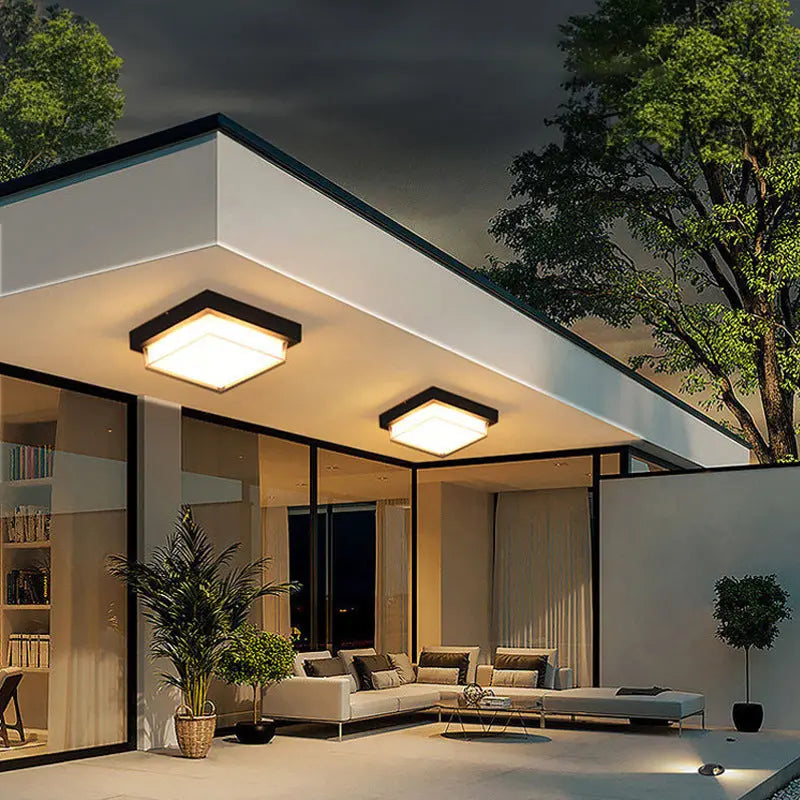 Contemporary Industrial Square Aluminum Acrylic LED Waterproof Outdoor Flush Mount Ceiling Light For Garden Cuvalon