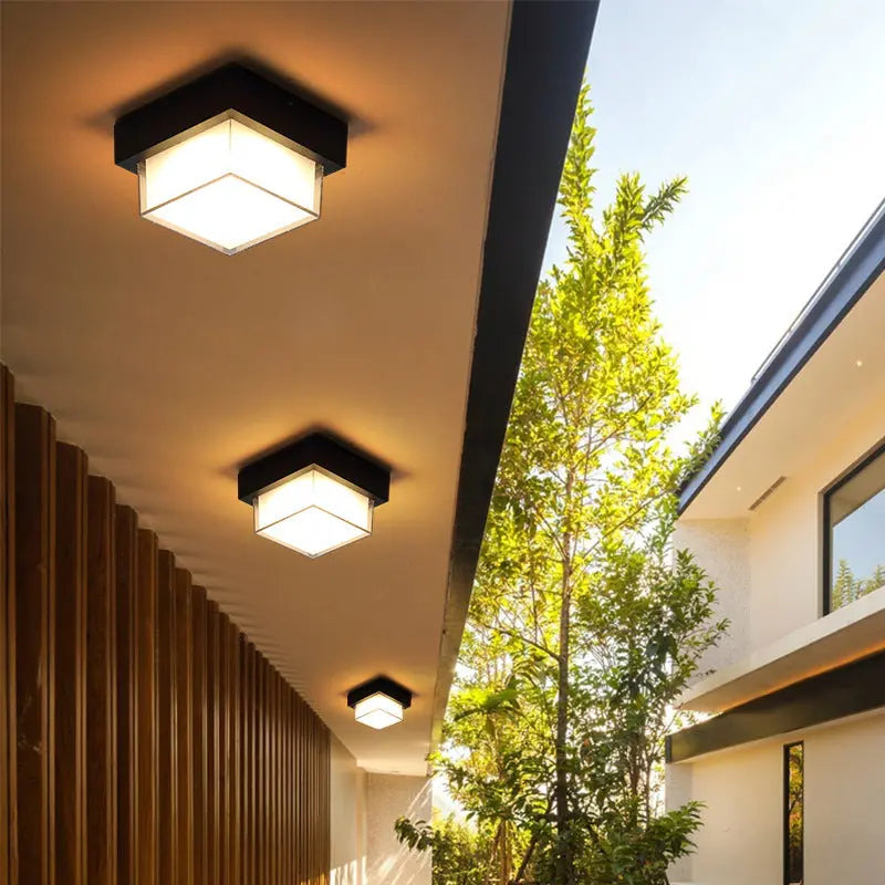 Contemporary Industrial Square Aluminum Acrylic LED Waterproof Outdoor Flush Mount Ceiling Light For Garden Cuvalon
