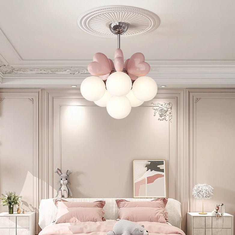 Contemporary Scandinavian Cream Love Heart Kids Round Orb Hardware Resin PE 4/6 Light Chandelier For Bedroom Cuvalon