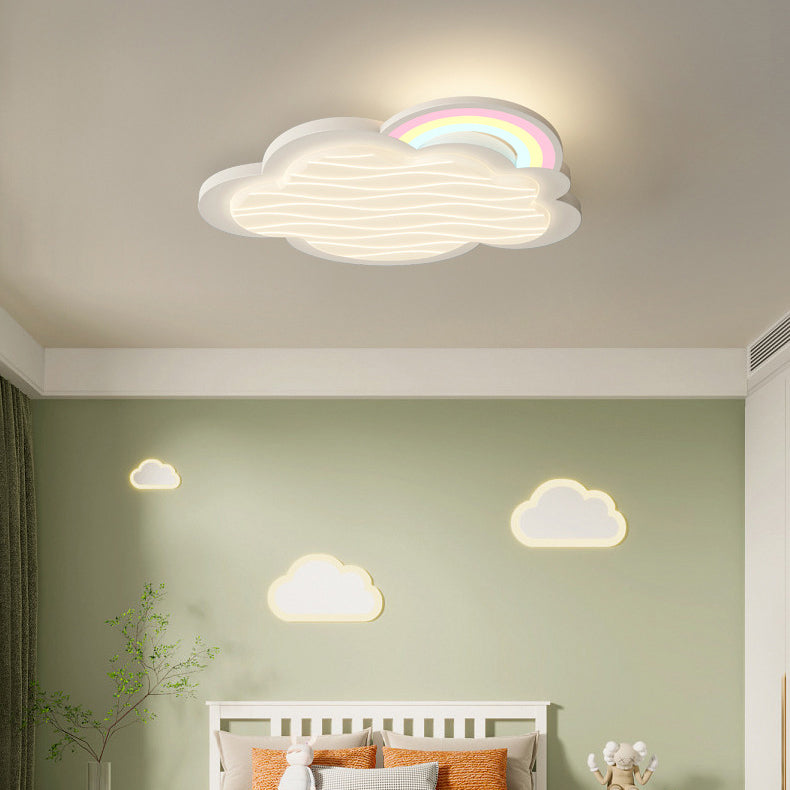 Contemporary Creative Kids Cartoon Cloud Sun Rainbow Iron Acrylic LED Flush Mount Ceiling Light For Bedroom Cuvalon