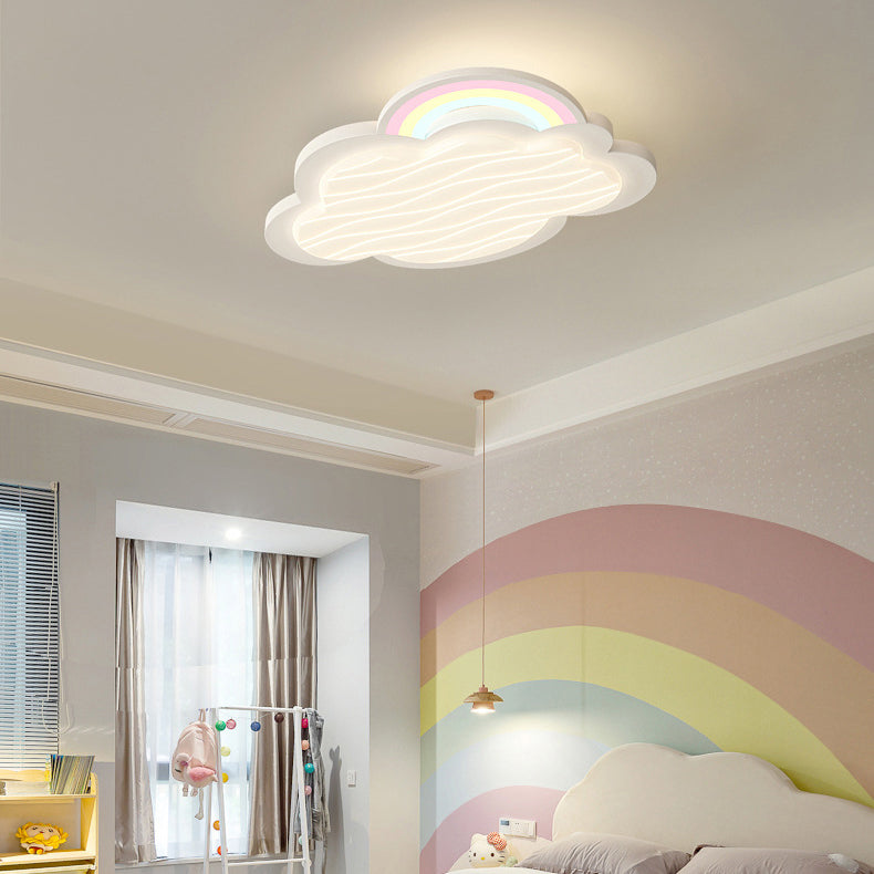 Contemporary Creative Kids Cartoon Cloud Sun Rainbow Iron Acrylic LED Flush Mount Ceiling Light For Bedroom Cuvalon