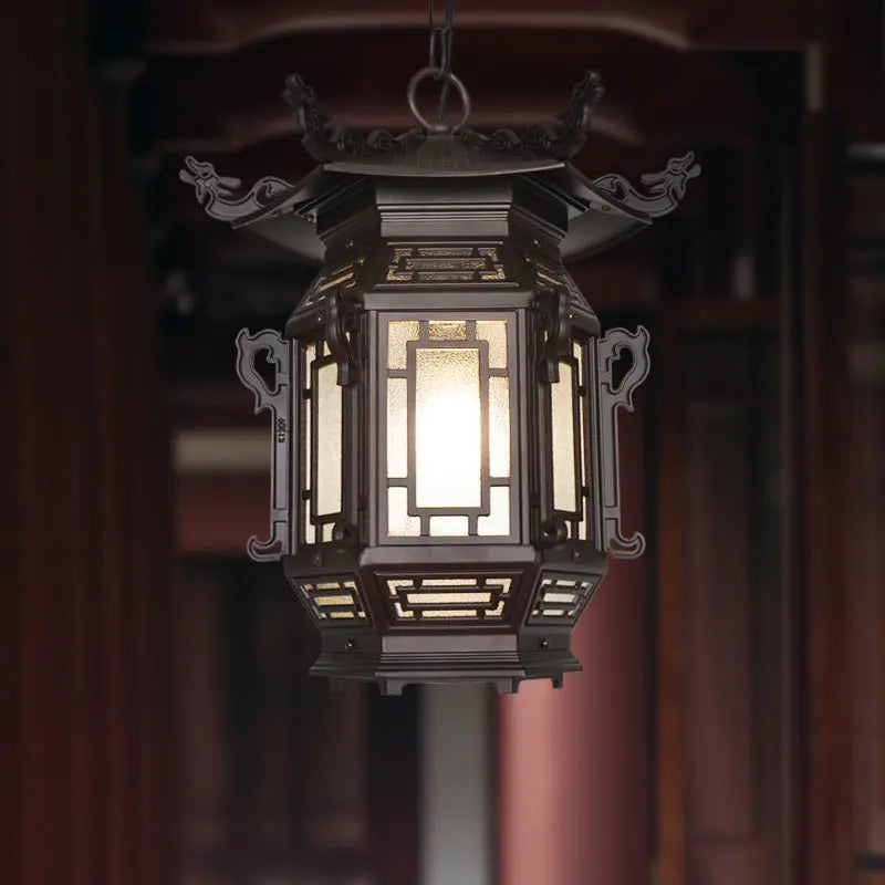 Traditional Chinese Lantern Aluminum PVC 1-Light Pendant Light For Outdoor Patio Cuvalon