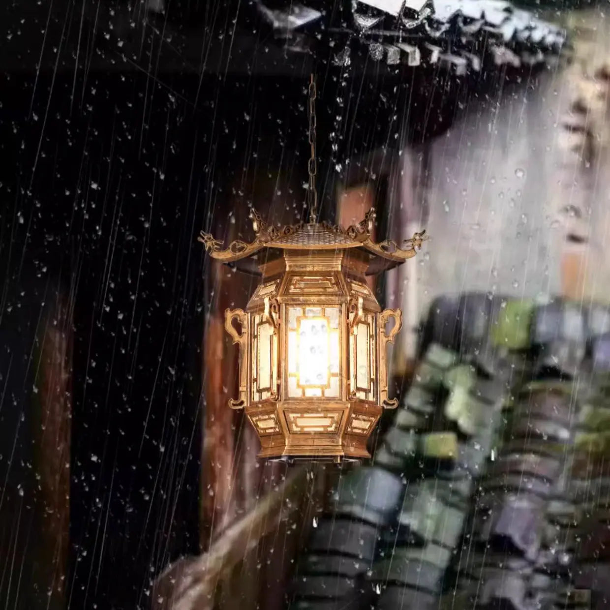 Traditional Chinese Lantern Aluminum PVC 1-Light Pendant Light For Outdoor Patio Cuvalon