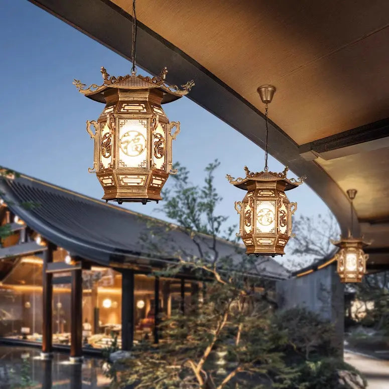 Traditional Chinese Lantern Aluminum PVC 1-Light Pendant Light For Outdoor Patio Cuvalon