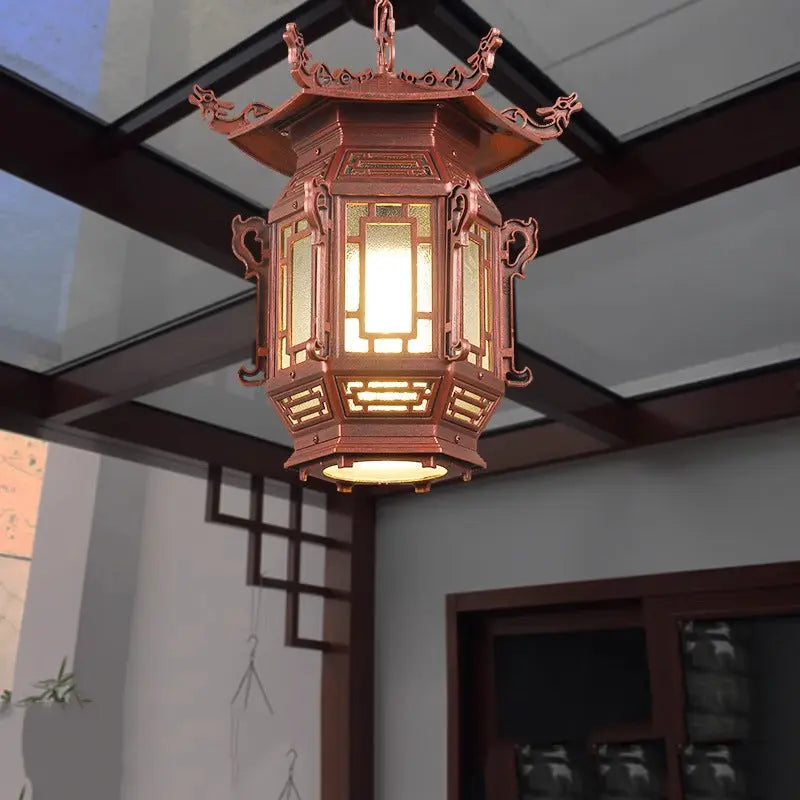 Traditional Chinese Lantern Aluminum PVC 1-Light Pendant Light For Outdoor Patio Cuvalon