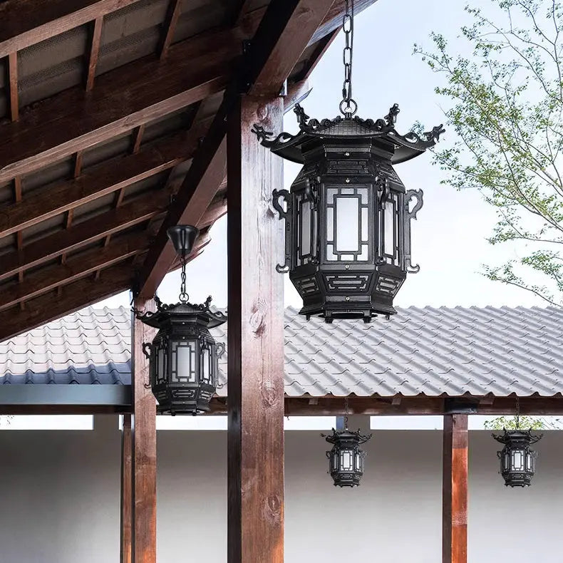 Traditional Chinese Lantern Aluminum PVC 1-Light Pendant Light For Outdoor Patio Cuvalon