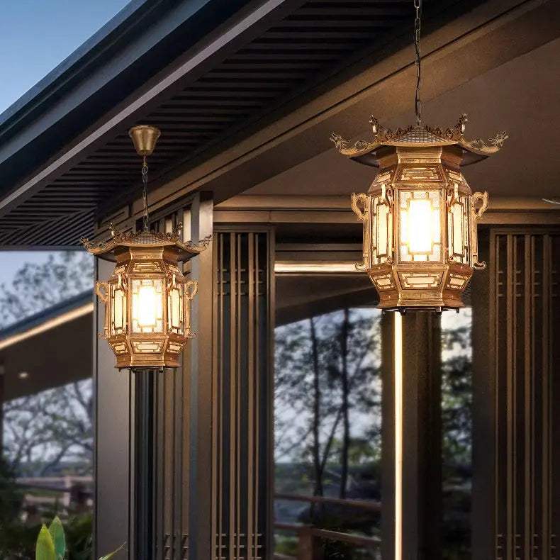 Traditional Chinese Lantern Aluminum PVC 1-Light Pendant Light For Outdoor Patio Cuvalon