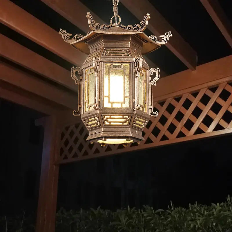 Traditional Chinese Lantern Aluminum PVC 1-Light Pendant Light For Outdoor Patio Cuvalon
