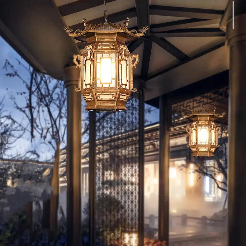 Traditional Chinese Lantern Aluminum PVC 1-Light Pendant Light For Outdoor Patio Cuvalon