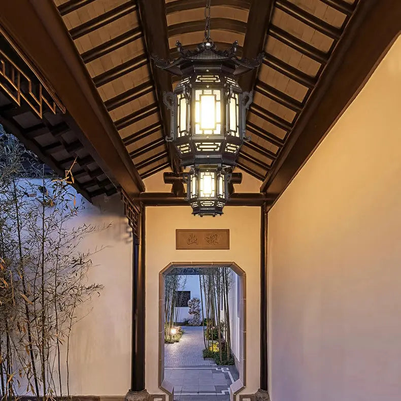 Traditional Chinese Lantern Aluminum PVC 1-Light Pendant Light For Outdoor Patio Cuvalon