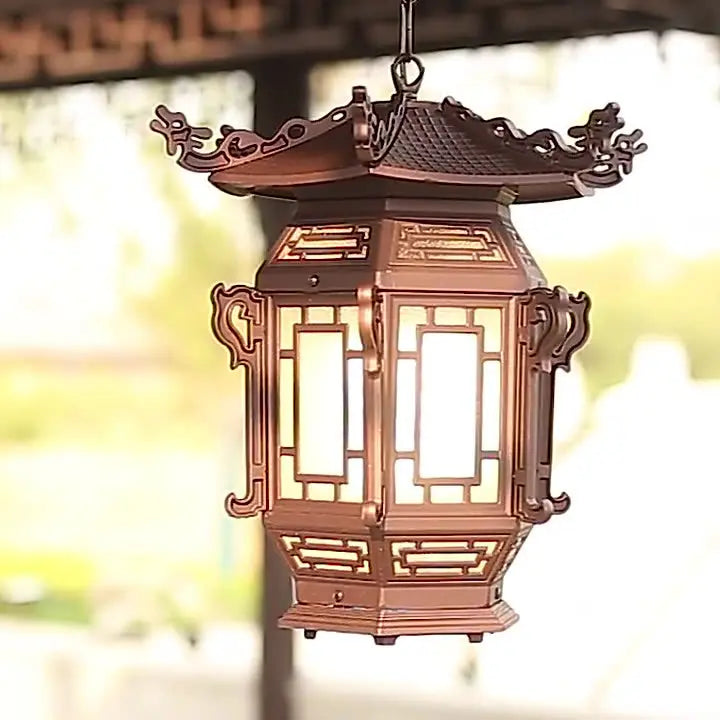Traditional Chinese Lantern Aluminum PVC 1-Light Pendant Light For Outdoor Patio Cuvalon