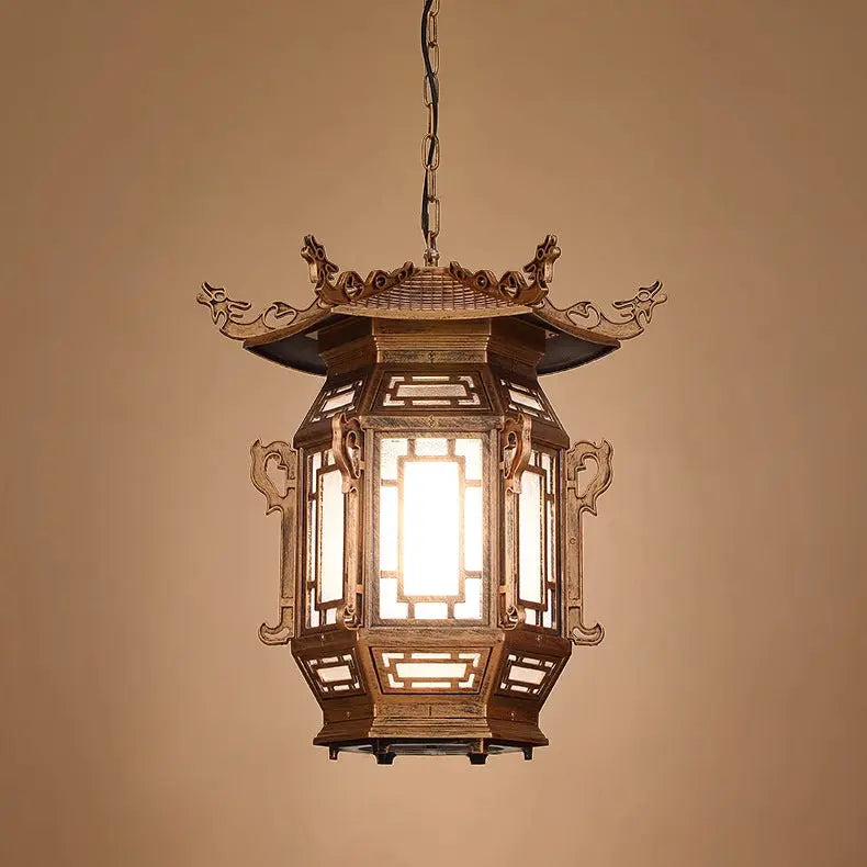 Traditional Chinese Lantern Aluminum PVC 1-Light Pendant Light For Outdoor Patio Cuvalon