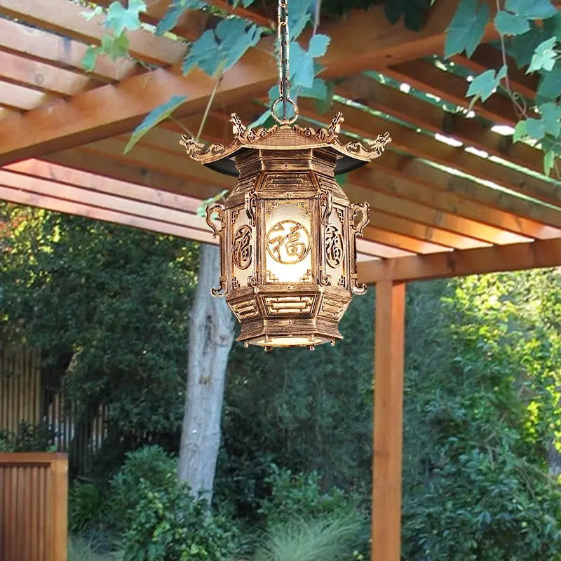 Traditional Chinese Lantern Aluminum PVC 1-Light Pendant Light For Outdoor Patio Cuvalon