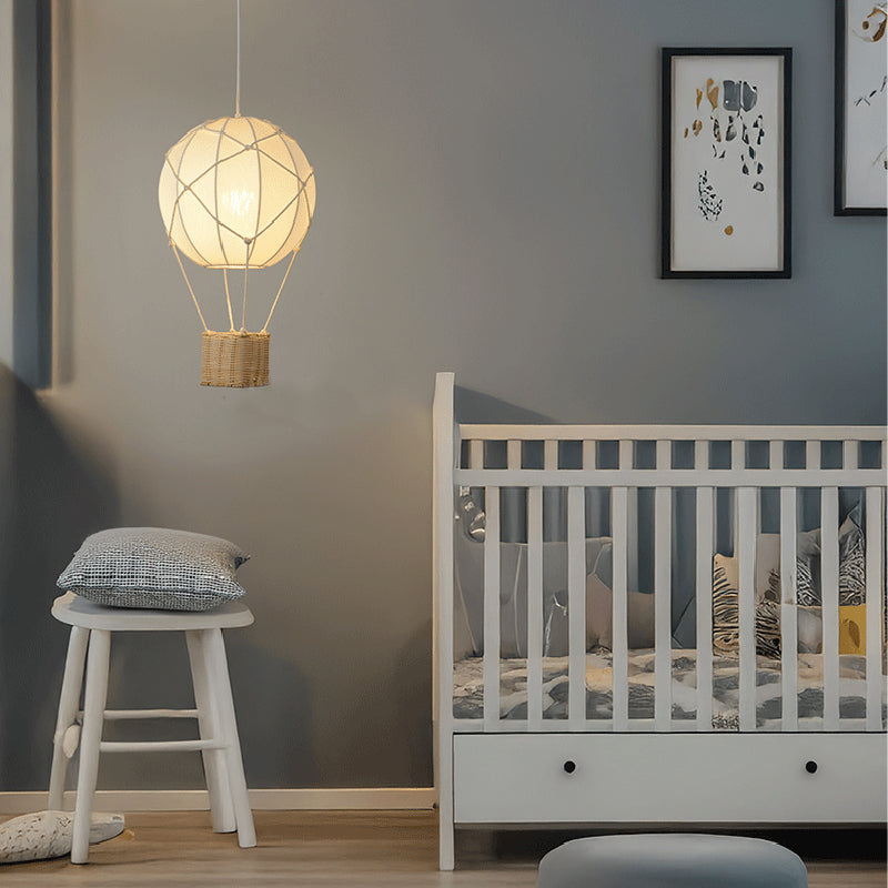 Modern Minimalist Kids Hot Air Balloon Fabric Iron Rattan Weaving 1-Light Pendant Light for Bedroom Cuvalon