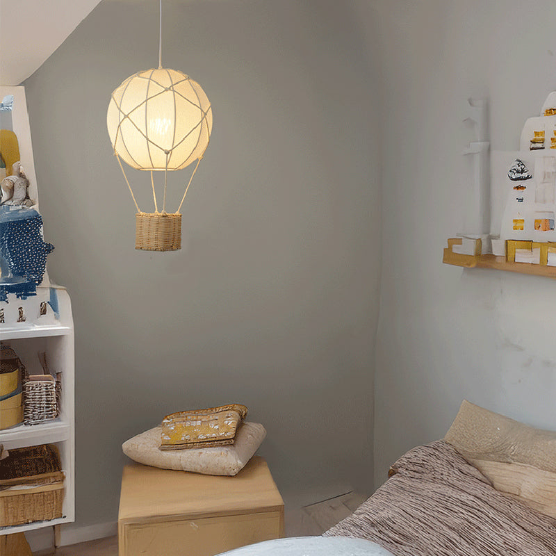 Modern Minimalist Kids Hot Air Balloon Fabric Iron Rattan Weaving 1-Light Pendant Light for Bedroom Cuvalon