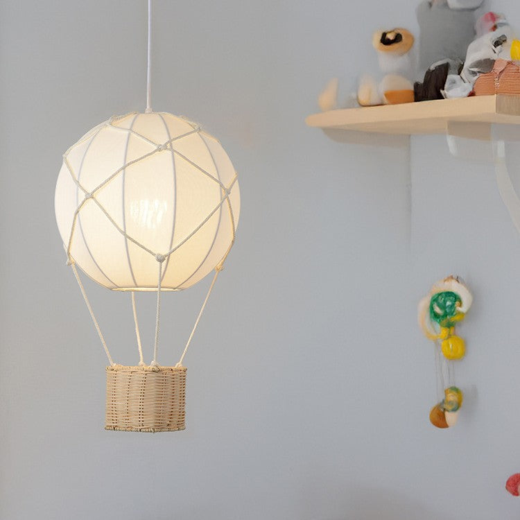 Modern Minimalist Kids Hot Air Balloon Fabric Iron Rattan Weaving 1-Light Pendant Light for Bedroom Cuvalon