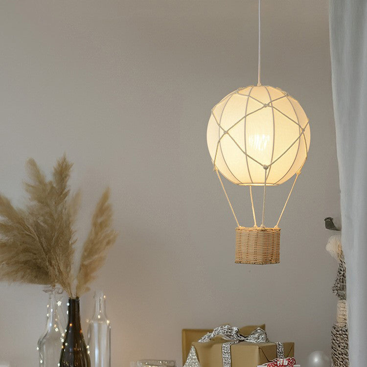Modern Minimalist Kids Hot Air Balloon Fabric Iron Rattan Weaving 1-Light Pendant Light for Bedroom Cuvalon