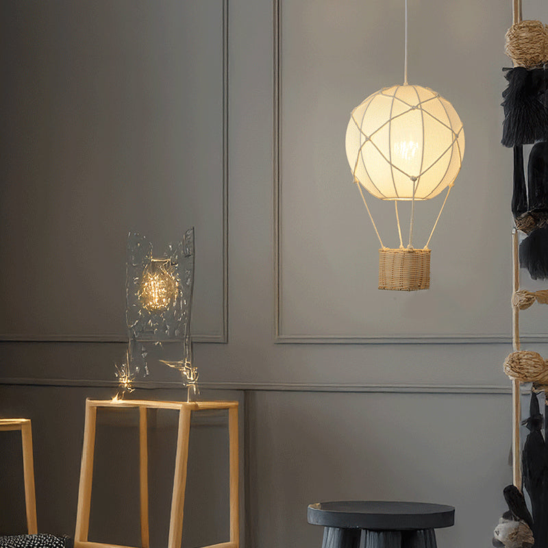 Modern Minimalist Kids Hot Air Balloon Fabric Iron Rattan Weaving 1-Light Pendant Light for Bedroom Cuvalon