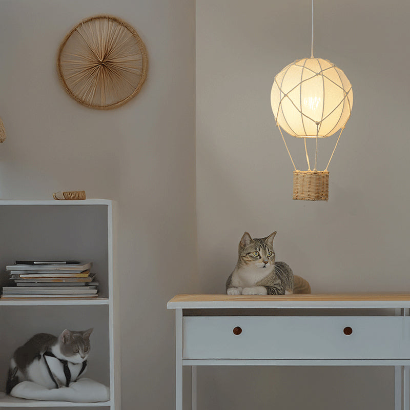 Modern Minimalist Kids Hot Air Balloon Fabric Iron Rattan Weaving 1-Light Pendant Light for Bedroom Cuvalon