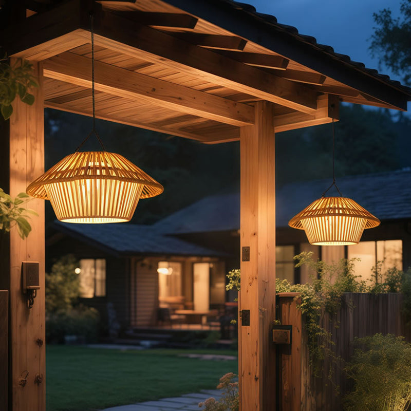Traditional Rustic Waterproof Solar USB Mushroom Rattan Weaving Iron Outdoor LED Pendant Light Landscape Lighting For Garden Cuvalon
