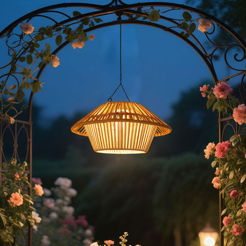 Traditional Rustic Waterproof Solar USB Mushroom Rattan Weaving Iron Outdoor LED Pendant Light Landscape Lighting For Garden Cuvalon