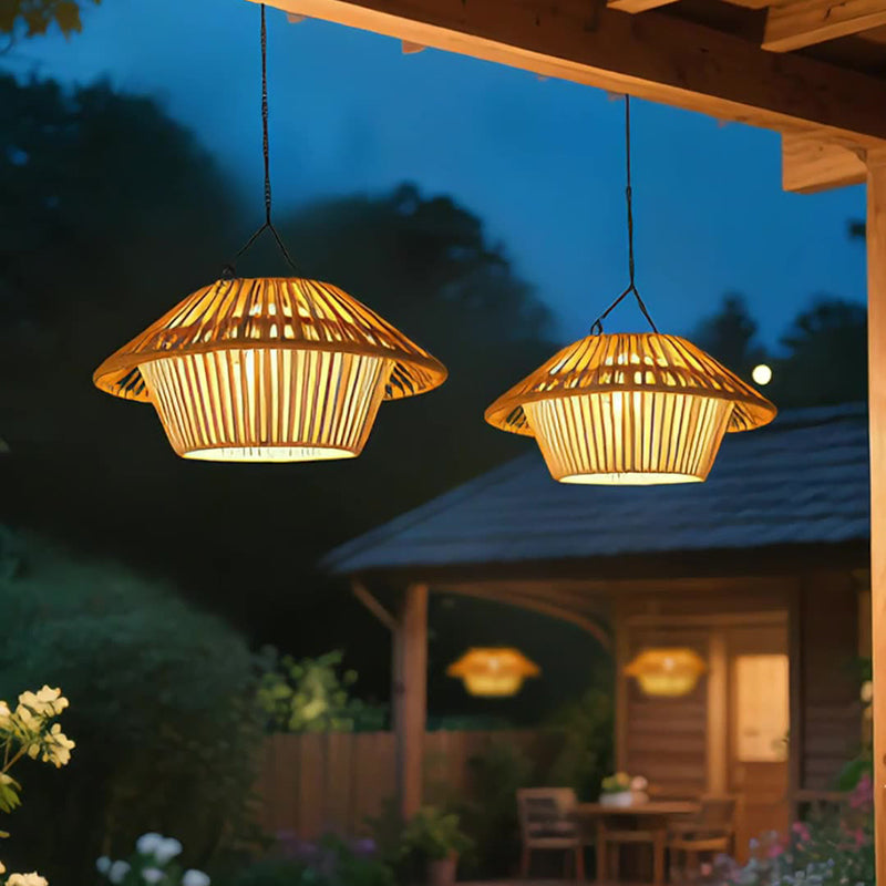 Traditional Rustic Waterproof Solar USB Mushroom Rattan Weaving Iron Outdoor LED Pendant Light Landscape Lighting For Garden Cuvalon