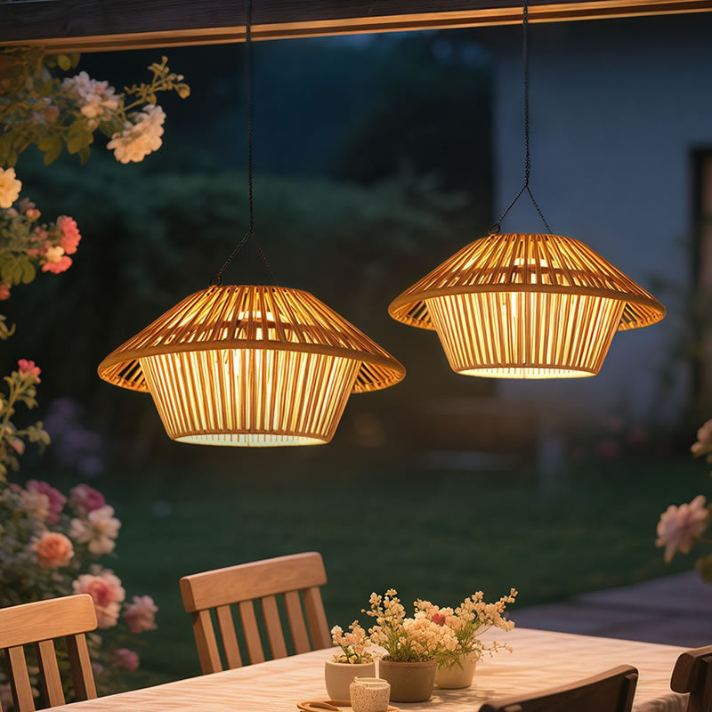 Traditional Rustic Waterproof Solar USB Mushroom Rattan Weaving Iron Outdoor LED Pendant Light Landscape Lighting For Garden Cuvalon