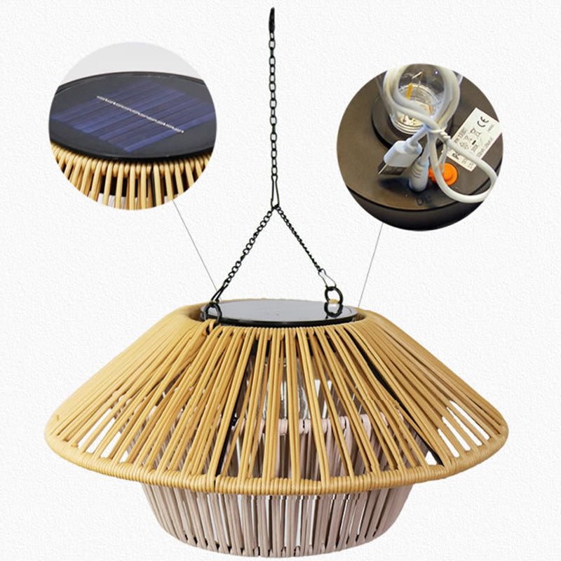 Traditional Rustic Waterproof Solar USB Mushroom Rattan Weaving Iron Outdoor LED Pendant Light Landscape Lighting For Garden Cuvalon