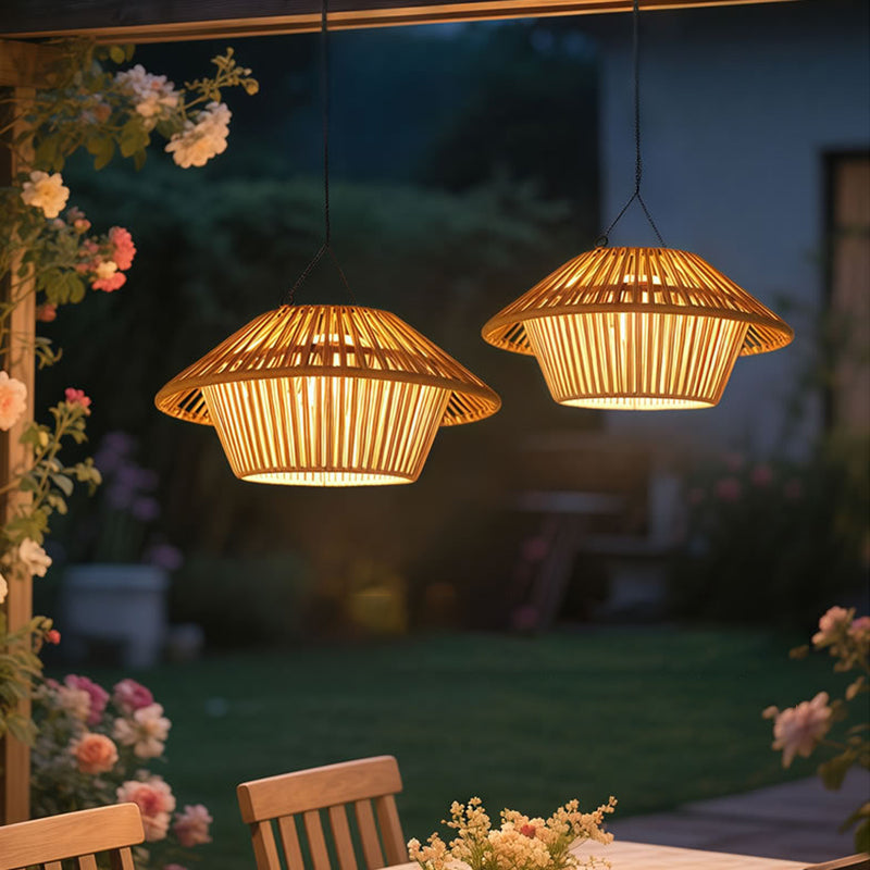 Traditional Rustic Waterproof Solar USB Mushroom Rattan Weaving Iron Outdoor LED Pendant Light Landscape Lighting For Garden Cuvalon