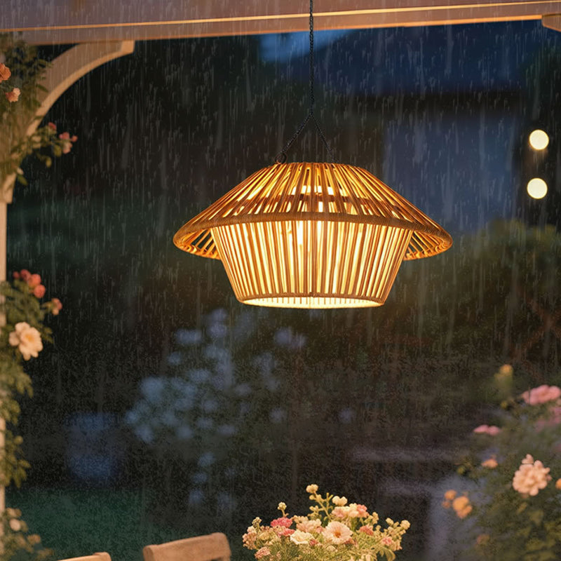 Traditional Rustic Waterproof Solar USB Mushroom Rattan Weaving Iron Outdoor LED Pendant Light Landscape Lighting For Garden Cuvalon