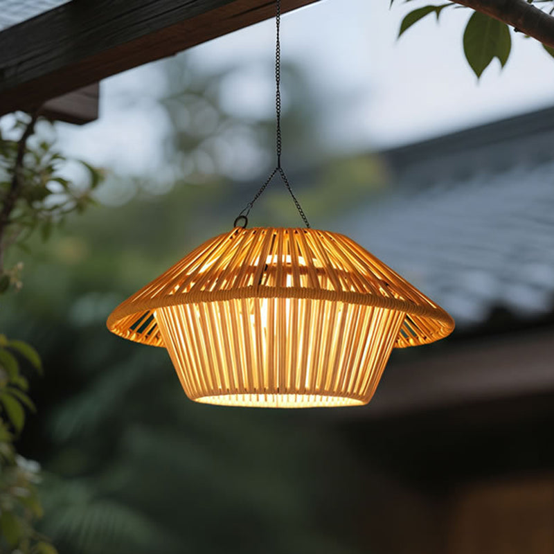 Traditional Rustic Waterproof Solar USB Mushroom Rattan Weaving Iron Outdoor LED Pendant Light Landscape Lighting For Garden Cuvalon