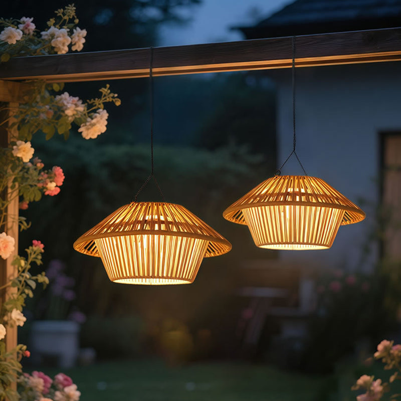 Traditional Rustic Waterproof Solar USB Mushroom Rattan Weaving Iron Outdoor LED Pendant Light Landscape Lighting For Garden Cuvalon