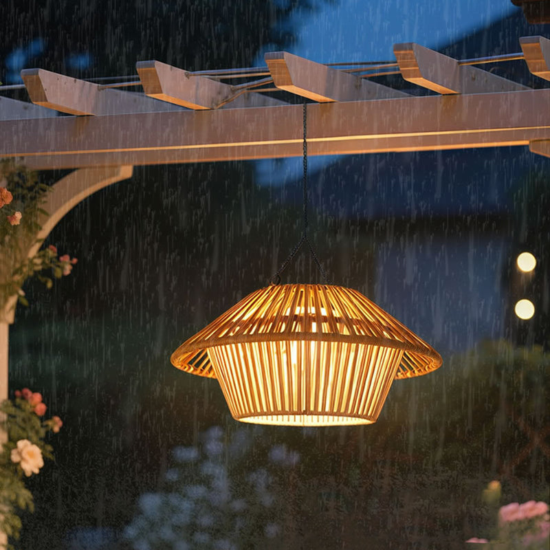 Traditional Rustic Waterproof Solar USB Mushroom Rattan Weaving Iron Outdoor LED Pendant Light Landscape Lighting For Garden Cuvalon
