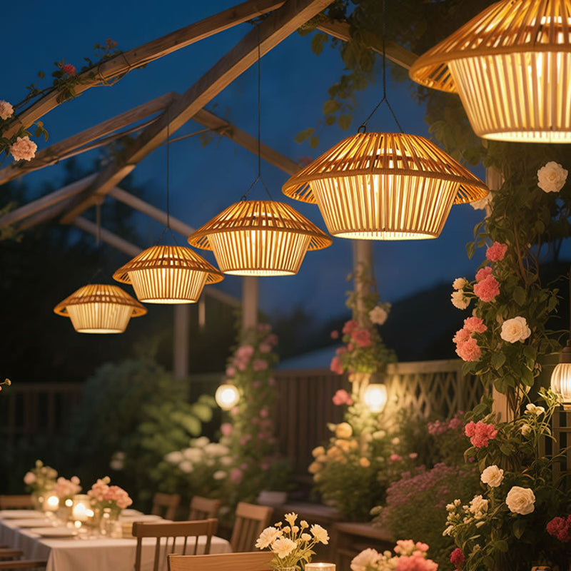 Traditional Rustic Waterproof Solar USB Mushroom Rattan Weaving Iron Outdoor LED Pendant Light Landscape Lighting For Garden Cuvalon