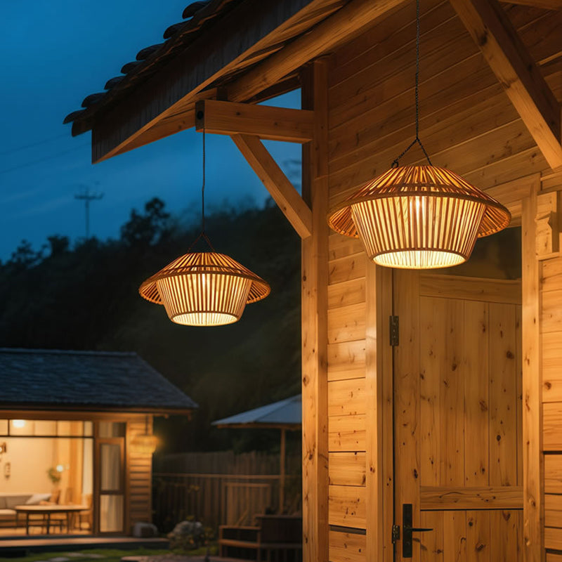 Traditional Rustic Waterproof Solar USB Mushroom Rattan Weaving Iron Outdoor LED Pendant Light Landscape Lighting For Garden Cuvalon