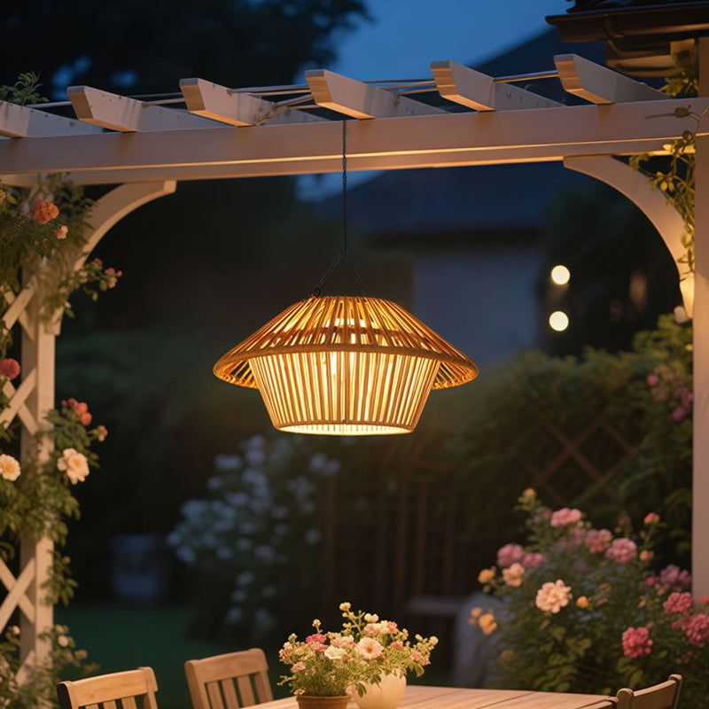 Traditional Rustic Waterproof Solar USB Mushroom Rattan Weaving Iron Outdoor LED Pendant Light Landscape Lighting For Garden Cuvalon