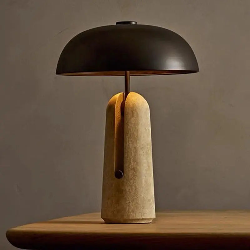 Traditional Japanese Iron Travertine Marble Mushroom 1-Light Table Lamp For Bedroom Cuvalon