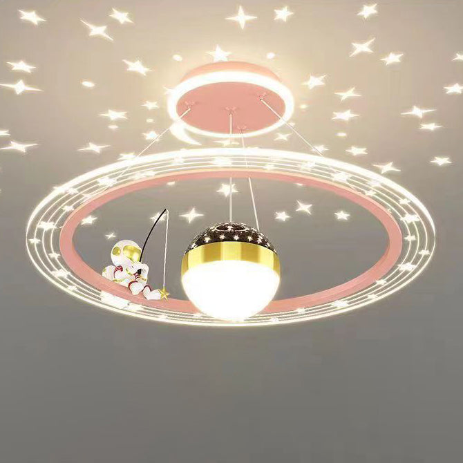 Modern Minimalist Kids Astronaut Stars Round Orb PC Wood LED Chandelier For Living Room Cuvalon