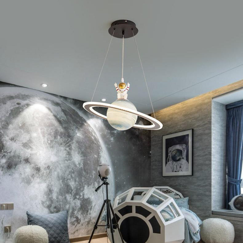 Modern Art Deco Kids Round Planet Spaceman Acrylic Iron LED Chandelier For Living Room Cuvalon