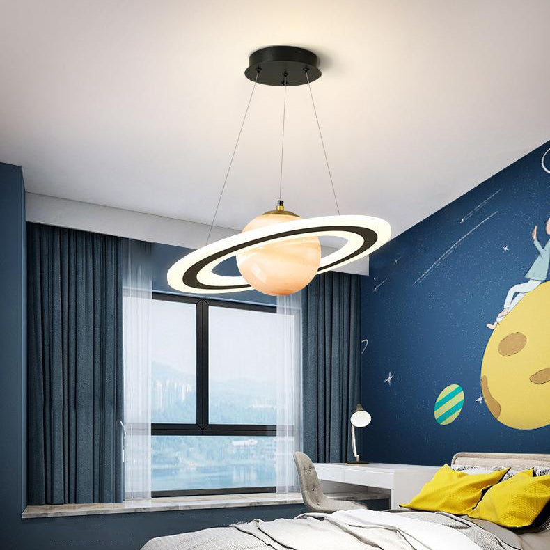 Modern Art Deco Kids Round Planet Spaceman Acrylic Iron LED Chandelier For Living Room Cuvalon