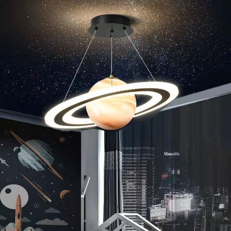 Modern Art Deco Kids Round Planet Spaceman Acrylic Iron LED Chandelier For Living Room Cuvalon