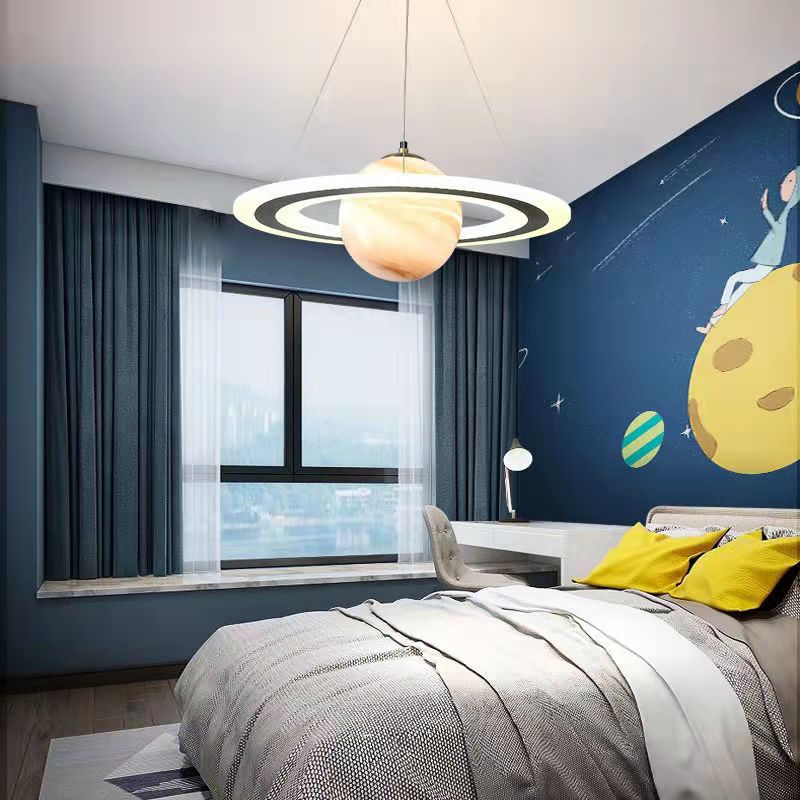 Modern Art Deco Kids Round Planet Spaceman Acrylic Iron LED Chandelier For Living Room Cuvalon