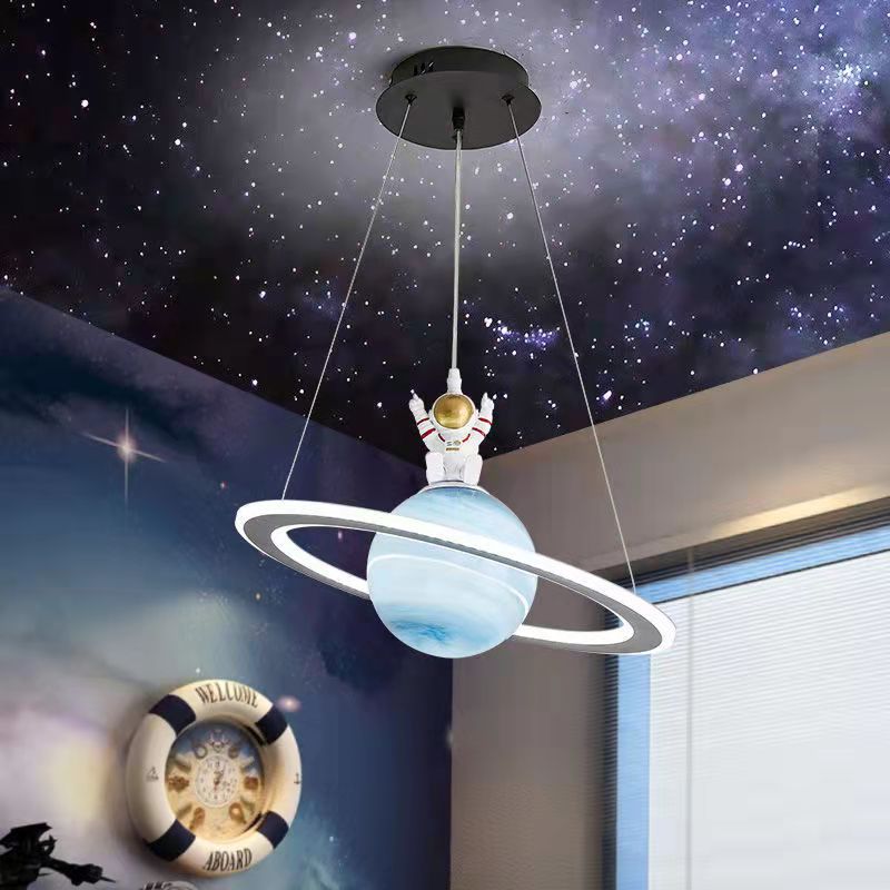 Modern Art Deco Kids Round Planet Spaceman Acrylic Iron LED Chandelier For Living Room Cuvalon