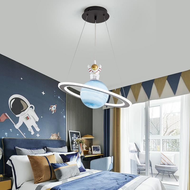 Modern Art Deco Kids Round Planet Spaceman Acrylic Iron LED Chandelier For Living Room Cuvalon