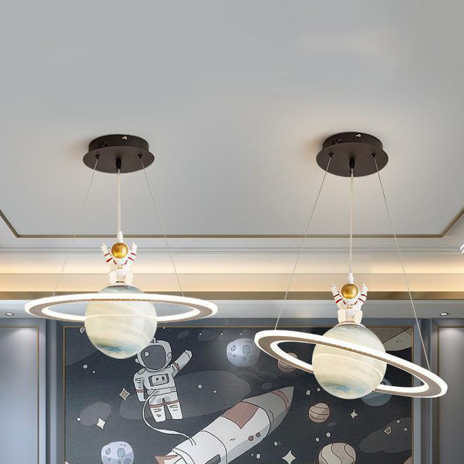 Modern Art Deco Kids Round Planet Spaceman Acrylic Iron LED Chandelier For Living Room Cuvalon