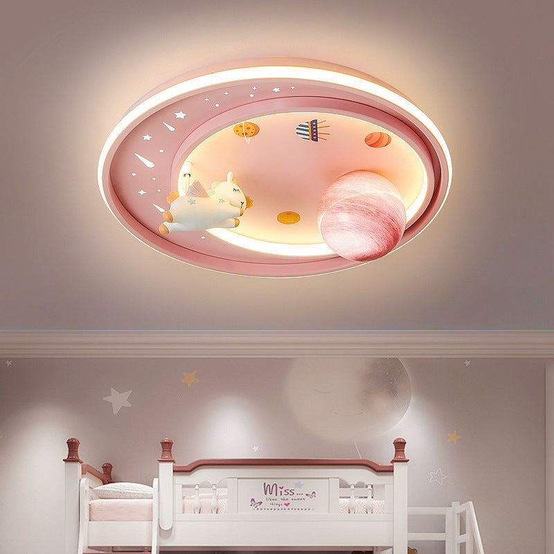 Modern Art Deco Kids Unicorn Planet Round Acrylic Iron LED Flush Mount Ceiling Light For Bedroom Cuvalon