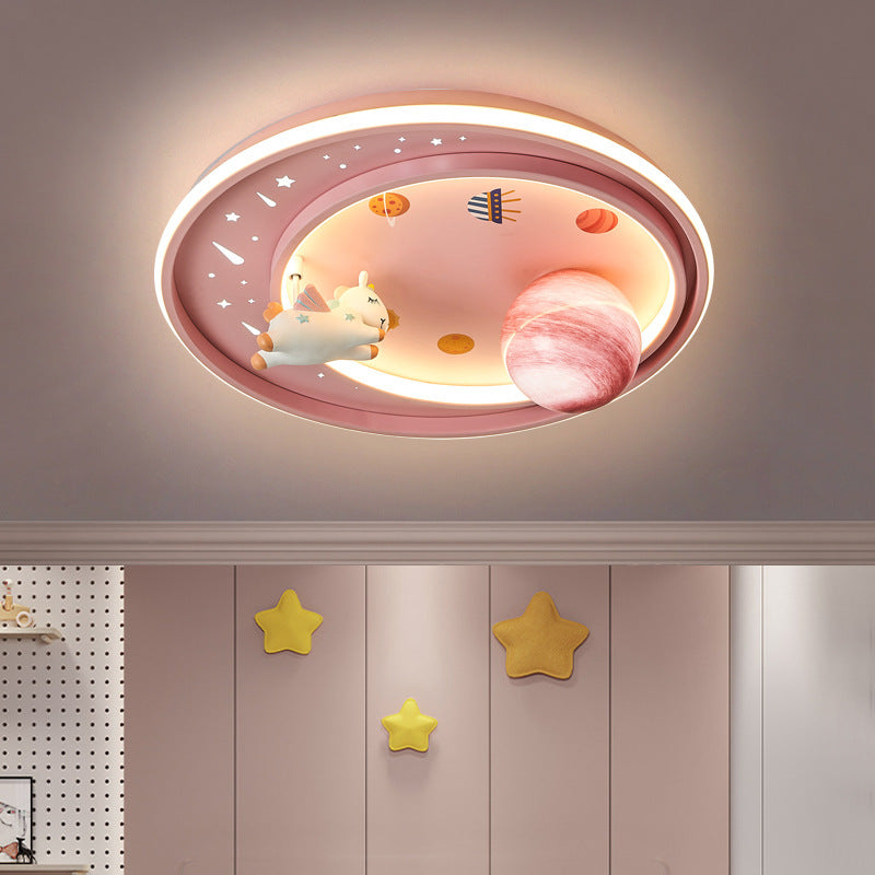Modern Art Deco Kids Unicorn Planet Round Acrylic Iron LED Flush Mount Ceiling Light For Bedroom Cuvalon