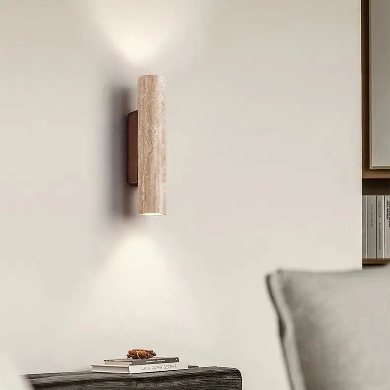Contemporary Scandinavian Cylinder Round Yellow Travertine Wood 2-Light Wall Sconce Lamp For Living Room Cuvalon