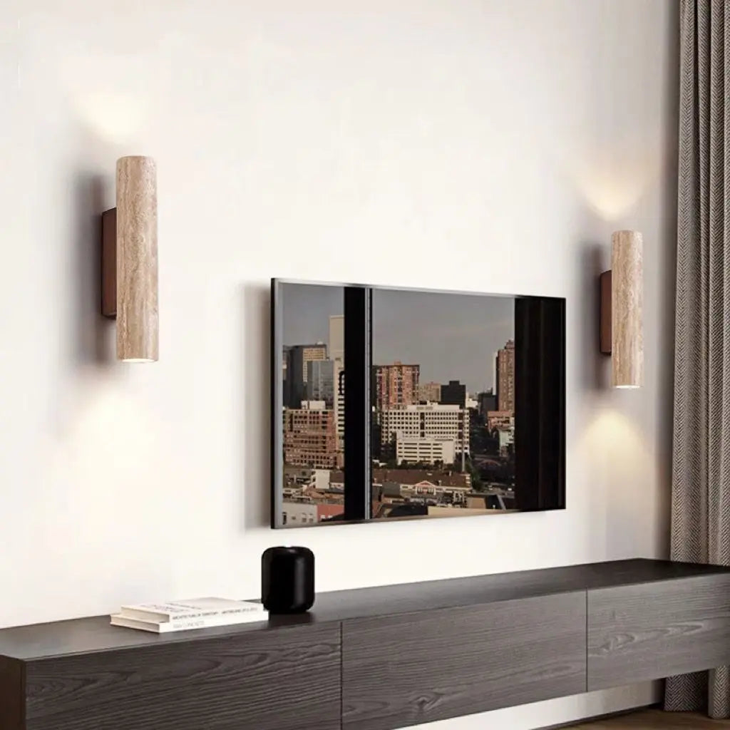 Contemporary Scandinavian Cylinder Round Yellow Travertine Wood 2-Light Wall Sconce Lamp For Living Room Cuvalon
